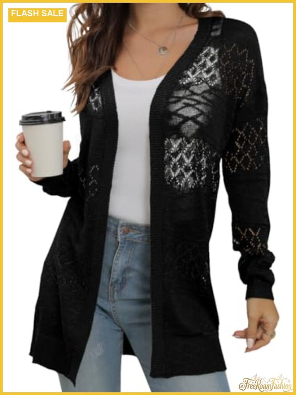 Lightweight Crochet Knit Cardigan Sweater Open Front Summer